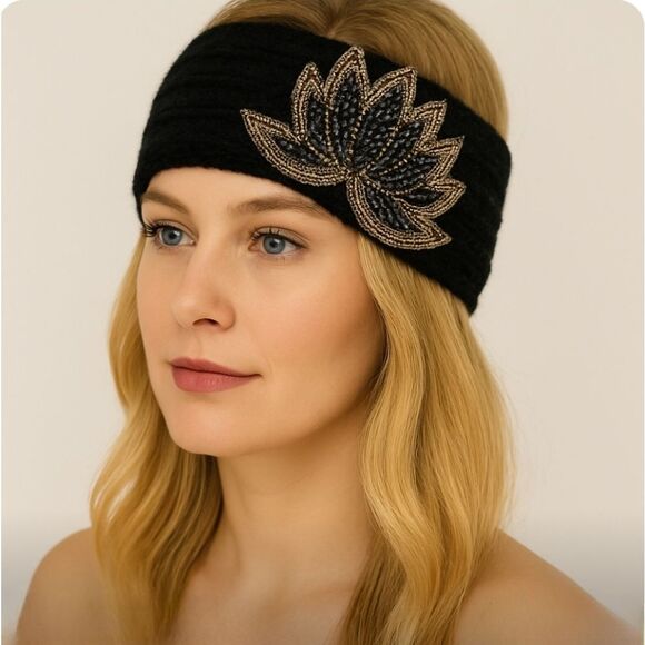 SALE Black Rhinestone Bling Knit Head Wrap Ski HeadBand - Picture 3 of 8